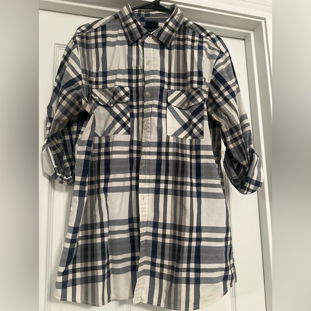 Navy and White Plaid Casual Button-Down Shirt